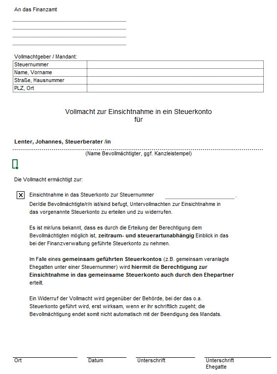 Vollmacht zur Einsichtnahme in ein Steuerkonto