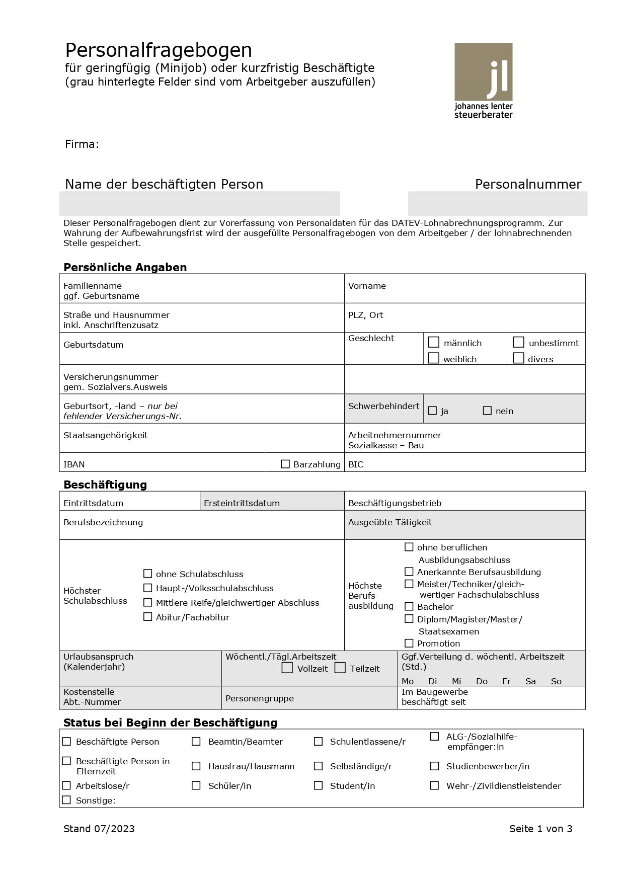 Personalfragebogen geringfügig Beschäftigte
