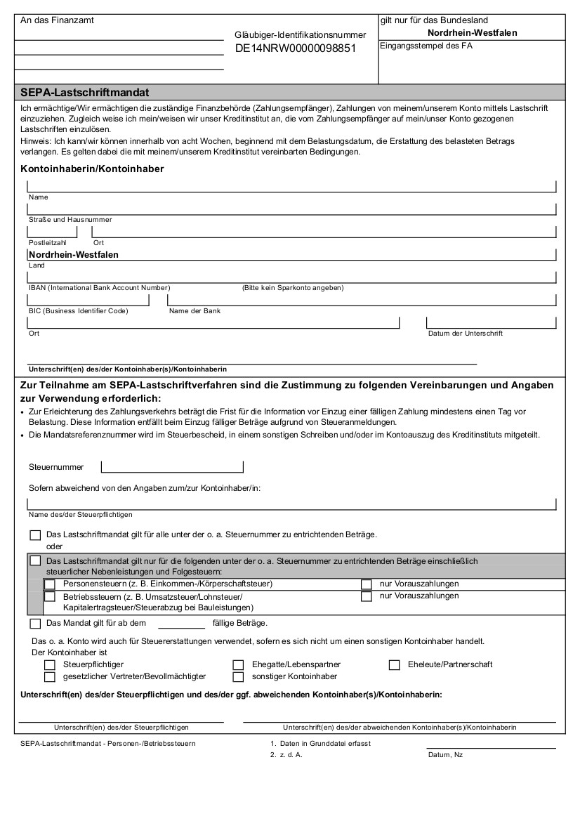 Einzugsermächtigung Finanzamt für NRW 