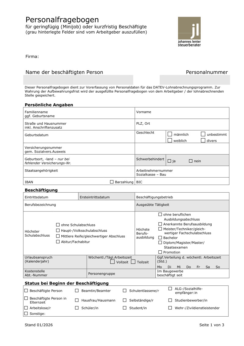 Personalfragebogen geringfügig Beschäftigte