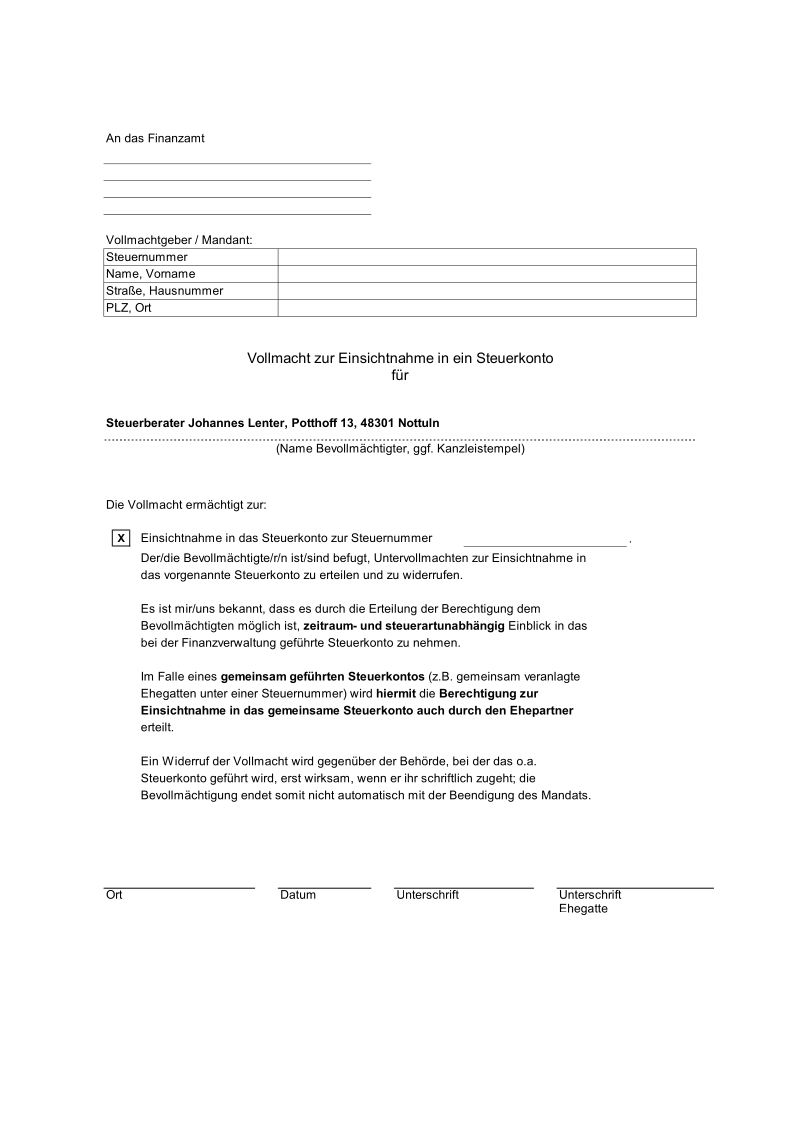 Vollmacht zur Einsichtnahme in ein Steuerkonto