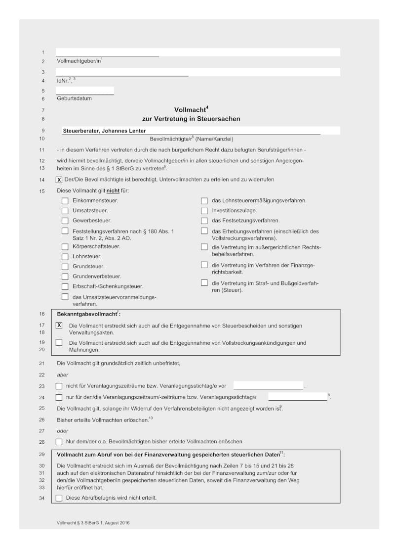 Vollmacht zur Vertretung in Steuersachen